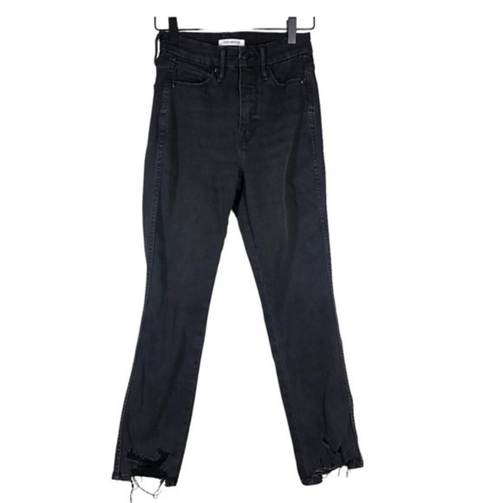 Good American Good Straight High Waist Distressed Black Jeans 0/25